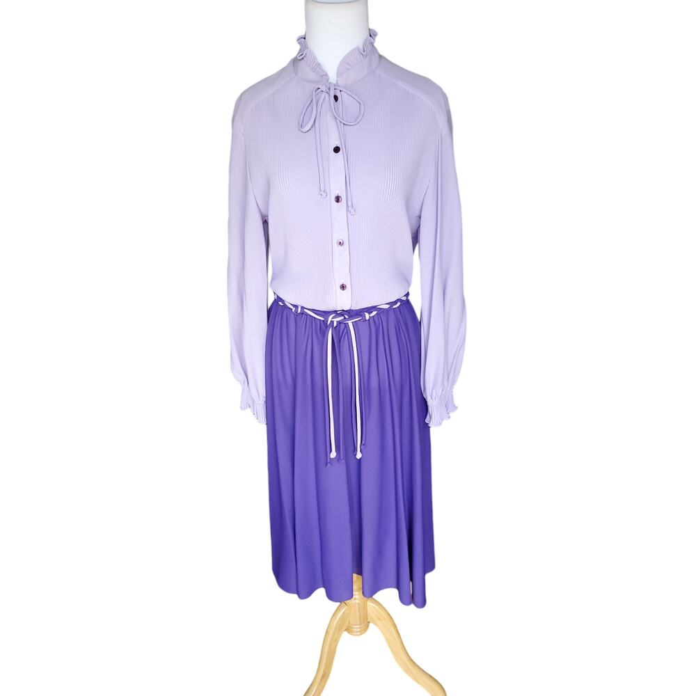 Vintage Shirt Dress Purple Belted Button Front Tie Neck Fits a S